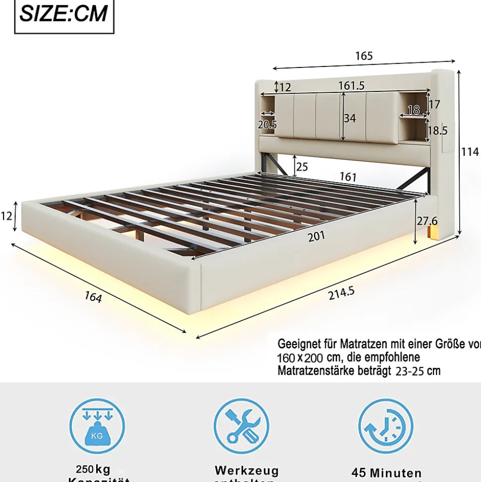 Lit Double 160x200 cm avec Ports USB, Éclairage LED et Rangement Intégré - Tête de Lit Réversible - Lin Beige, Sans Matelas