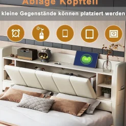 Lit Double 160x200 cm avec Ports USB, Éclairage LED et Rangement Intégré - Tête de Lit Réversible - Lin Beige, Sans Matelas