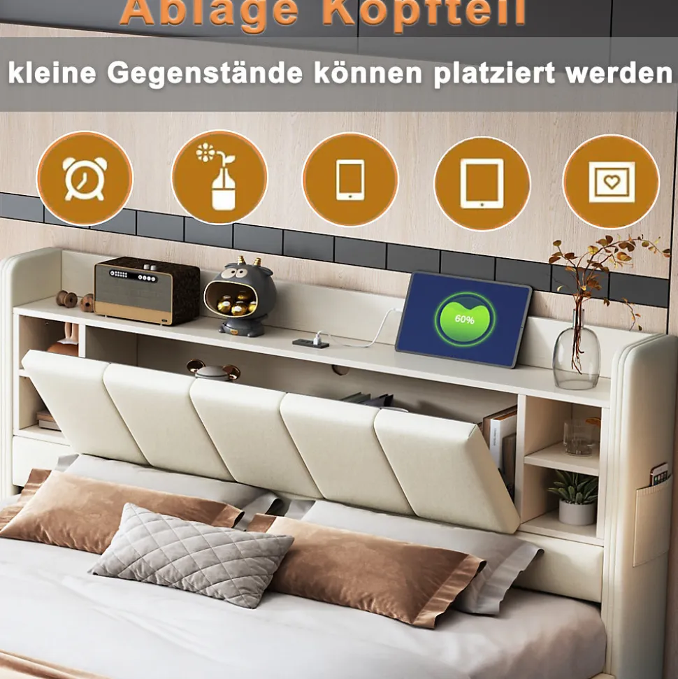 Lit Double 160x200 cm avec Ports USB, Éclairage LED et Rangement Intégré - Tête de Lit Réversible - Lin Beige, Sans Matelas