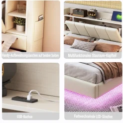 Lit Double 160x200 cm avec Ports USB, Éclairage LED et Rangement Intégré - Tête de Lit Réversible - Lin Beige, Sans Matelas