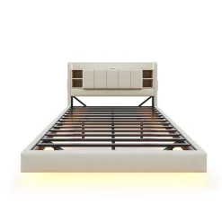 Lit Double 160x200 cm avec Ports USB, Éclairage LED et Rangement Intégré - Tête de Lit Réversible - Lin Beige, Sans Matelas