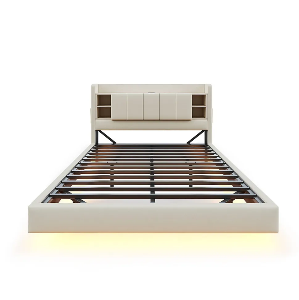 Lit Double 160x200 cm avec Ports USB, Éclairage LED et Rangement Intégré - Tête de Lit Réversible - Lin Beige, Sans Matelas