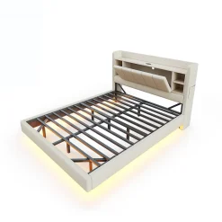 Lit Double 160x200 cm avec Ports USB, Éclairage LED et Rangement Intégré - Tête de Lit Réversible - Lin Beige, Sans Matelas