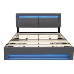 Lit double 140x200 cm avec Rangement - Lit Capitonné PU avec USB et Chargeur Sans Fil Intégré, Éclairage LED - Gris - Sans Matelas