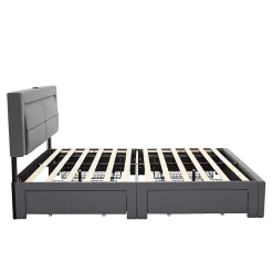 Lit double 140x200 cm avec Rangement - Lit Capitonné PU avec USB et Chargeur Sans Fil Intégré, Éclairage LED - Gris - Sans Matelas