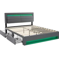 Lit double 140x200 cm avec Rangement - Lit Capitonné PU avec USB et Chargeur Sans Fil Intégré, Éclairage LED - Gris - Sans Matelas