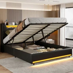 Lit Double 140x200 Cm Avec Rangement Et Port De Charge, Éclairage Par Bande Lumineuse, Noir