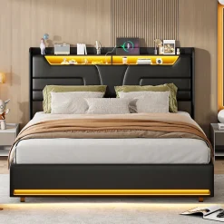 Lit Double 140x200 Cm Avec Rangement Et Port De Charge, Éclairage Par Bande Lumineuse, Noir