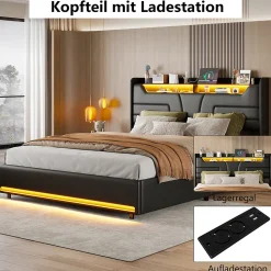 Lit Double 140x200 Cm Avec Rangement Et Port De Charge, Éclairage Par Bande Lumineuse, Noir