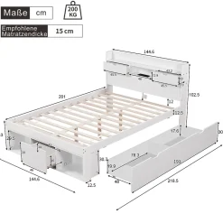 Lit double 140x200 cm avec tiroirs, armoire latérale et port USB, structure pin et contreplaqué blanc, sans matelas