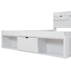 Lit double 140x200 cm avec tiroirs, armoire latérale et port USB, structure pin et contreplaqué blanc, sans matelas