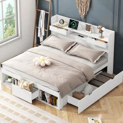 Lit double 140x200 cm avec tiroirs, armoire latérale et port USB, structure pin et contreplaqué blanc, sans matelas