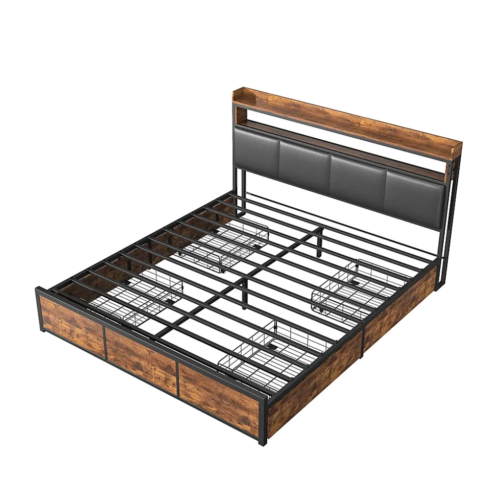 Lit double 140x200 cm avec tiroirs, LED, tête de lit avec rangement, cadre en métal, noir mat