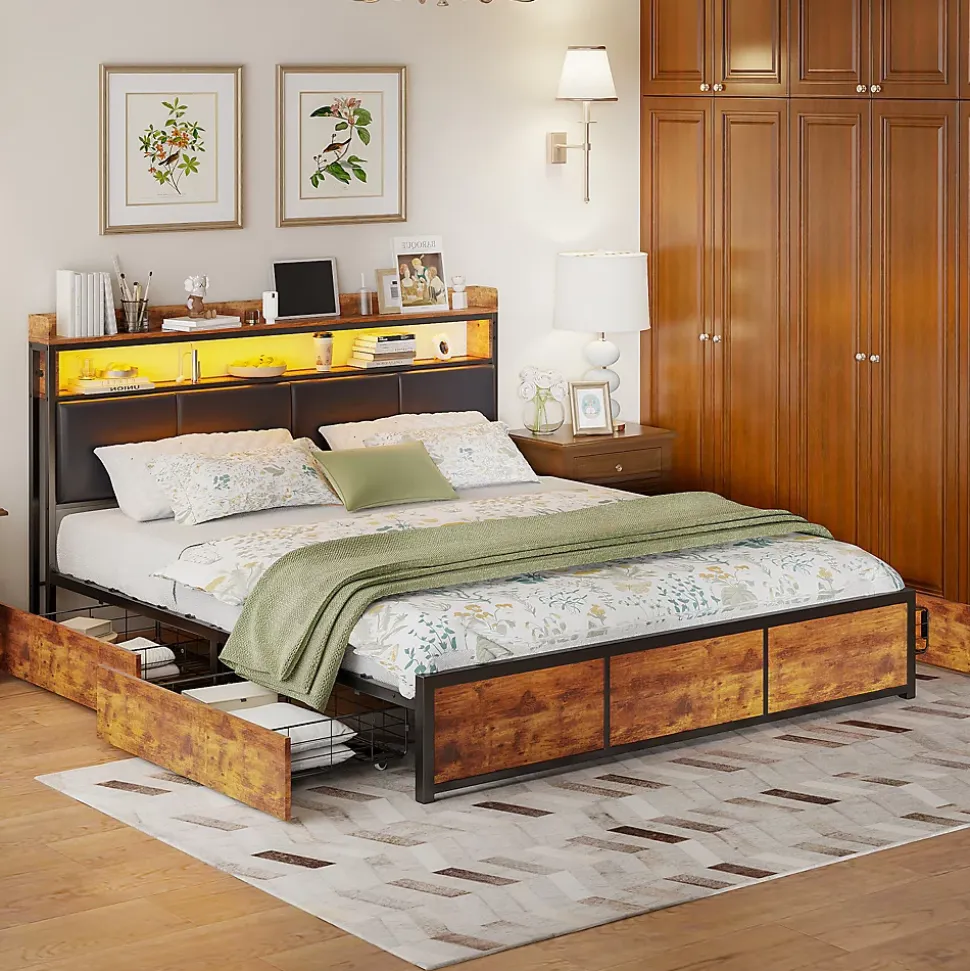 Lit double 140x200 cm avec tiroirs, LED, tête de lit avec rangement, cadre en métal, noir mat