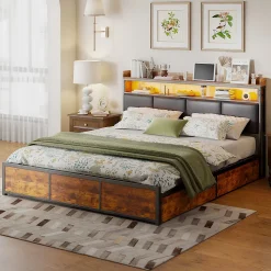 Lit double 140x200 cm avec tiroirs, LED, tête de lit avec rangement, cadre en métal, noir mat