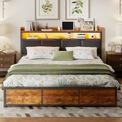 Lit double 140x200 cm avec tiroirs, LED, tête de lit avec rangement, cadre en métal, noir mat