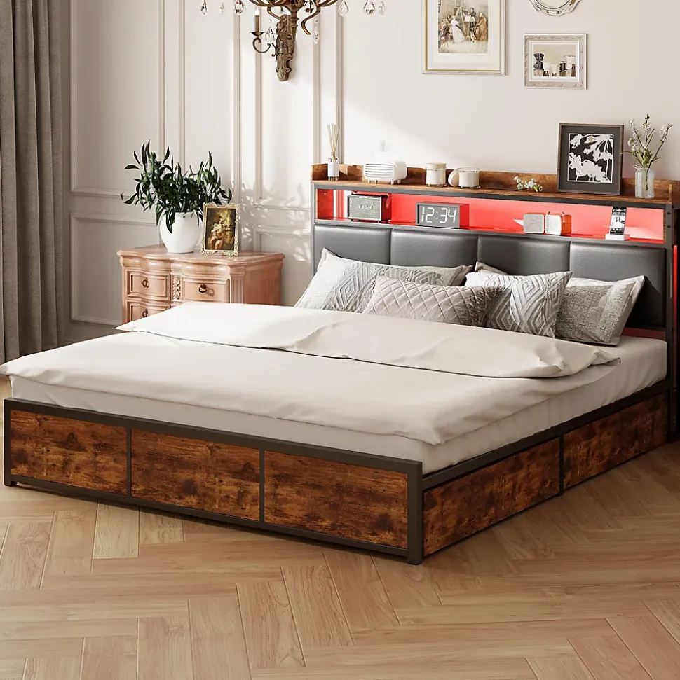 Lit double 140x200 cm avec tiroirs, LED, tête de lit avec rangement, cadre en métal, noir mat