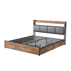 Lit double 140x200 cm avec tiroirs, LED, tête de lit avec rangement, cadre en métal, noir mat