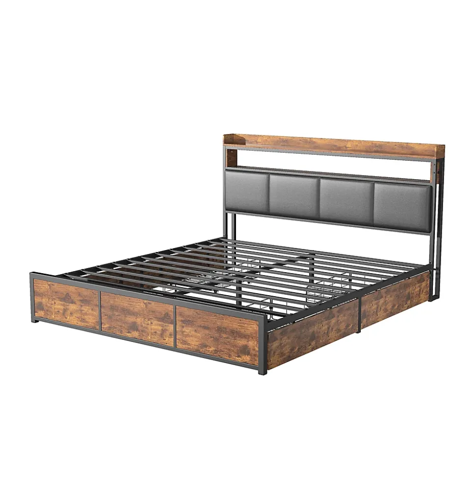 Lit double 140x200 cm avec tiroirs, LED, tête de lit avec rangement, cadre en métal, noir mat