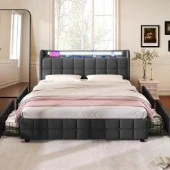 Lit double 160x200 cm avec tête de lit LED, ports USB, 4 tiroirs et sommier à lattes en bois, gris