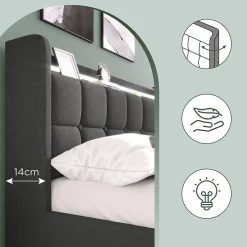 Lit double 160x200 cm avec tête de lit LED, ports USB, 4 tiroirs et sommier à lattes en bois, gris
