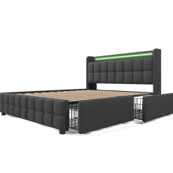 Lit double 160x200 cm avec tête de lit LED, ports USB, 4 tiroirs et sommier à lattes en bois, gris