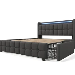 Lit double 160x200 cm avec tête de lit LED, ports USB, 4 tiroirs et sommier à lattes en bois, gris