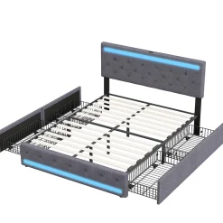 Lit double 180x200 cm avec tête de lit LED réglable, USB et Type-C, 4 tiroirs, sommier à lattes, structure en métal - Gris