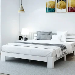 Lit Double 140x200 cm avec Tête de Lit, Cadre en Bois de Pin Massif et Sommier Intégré - Blanc, Sans Matelas