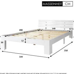 Lit Double 140x200 cm avec Tête de Lit, Cadre en Bois de Pin Massif et Sommier Intégré - Blanc, Sans Matelas