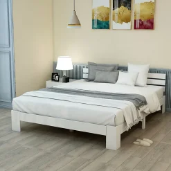 Lit Double 140x200 cm avec Tête de Lit, Cadre en Bois de Pin Massif et Sommier Intégré - Blanc, Sans Matelas