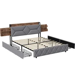 Lit double 140x200 cm avec tête de lit, Lit rembourré avec rangements cachés, lit coffre avec ports USB/Type-C et 4 tiroirs, Gris