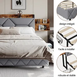 Lit double 140x200 cm avec tête de lit, Lit rembourré avec rangements cachés, lit coffre avec ports USB/Type-C et 4 tiroirs, Gris