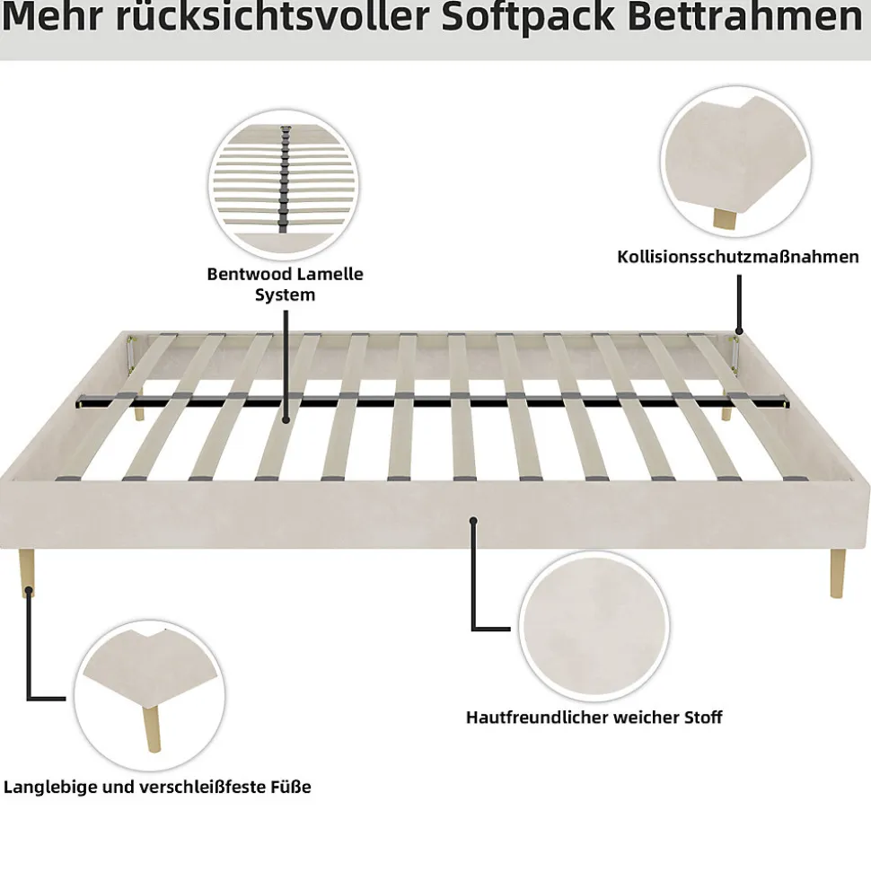 Lit Double 160x200 cm Bas Moderne pour Adulte/Ado avec Structure Stable, Sans Tête de Lit, Sans Matelas, Velours Hollandais Beige