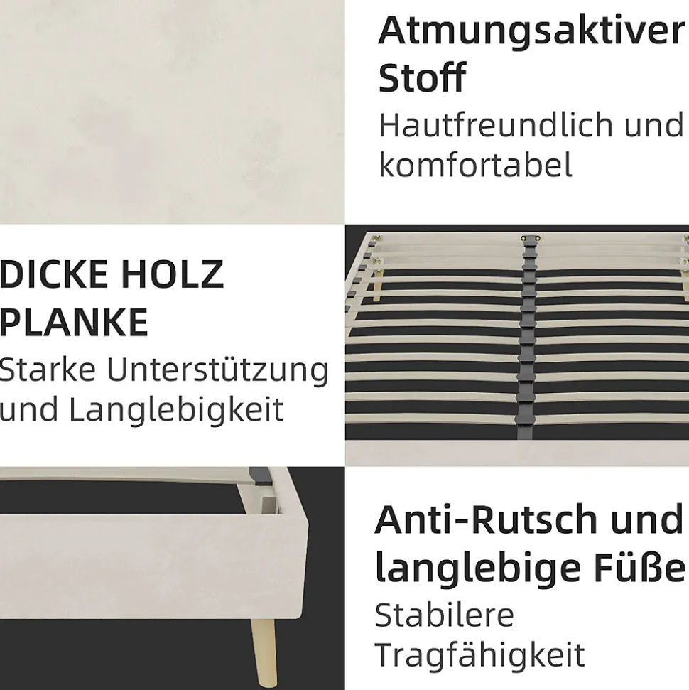 Lit Double 160x200 cm Bas Moderne pour Adulte/Ado avec Structure Stable, Sans Tête de Lit, Sans Matelas, Velours Hollandais Beige