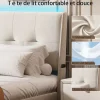 Lit double 160x200 cm beige avec tête de lit rembourrée, LED intégré, rangement sous sommier et design minimaliste