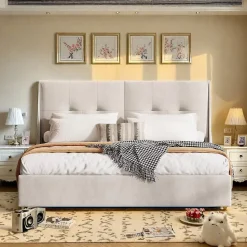 Lit double 160x200 cm beige avec tête de lit rembourrée, LED intégré, rangement sous sommier et design minimaliste