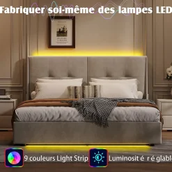 Lit double 160x200 cm beige avec tête de lit rembourrée, LED intégré, rangement sous sommier et design minimaliste