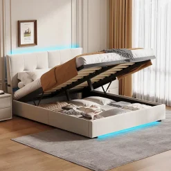 Lit double 160x200 cm beige avec tête de lit rembourrée, LED intégré, rangement sous sommier et design minimaliste