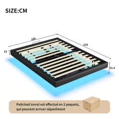 Lit double 160x200 cm beige design flottant avec LED, sommier lattes bois, structure métal, Sans tête, rangement intégré