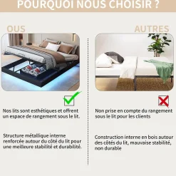 Lit double 160x200 cm beige design flottant avec LED, sommier lattes bois, structure métal, Sans tête, rangement intégré