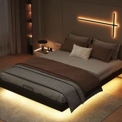 Lit double 160x200 cm beige design flottant avec LED, sommier lattes bois, structure métal, Sans tête, rangement intégré