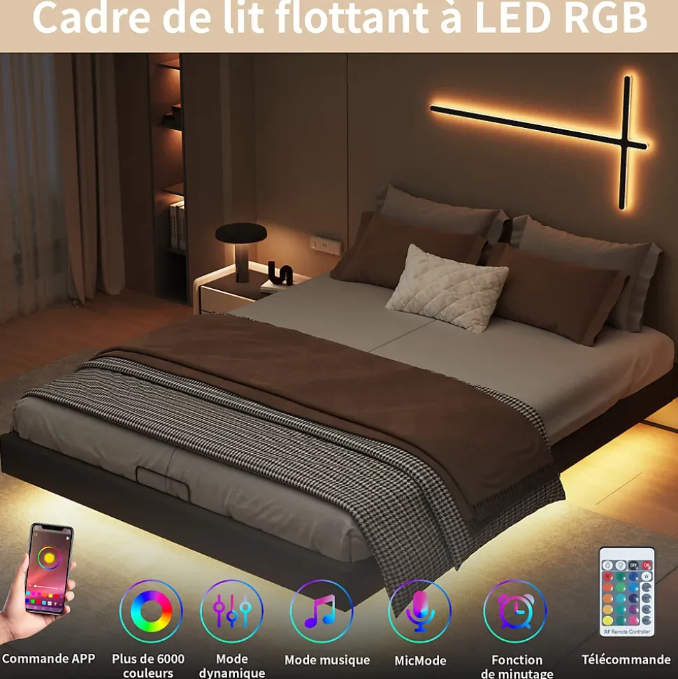 Lit double 160x200 cm beige design flottant avec LED, cadre métal, sommier à lattes bois et espace de rangement (sans tête de lit)