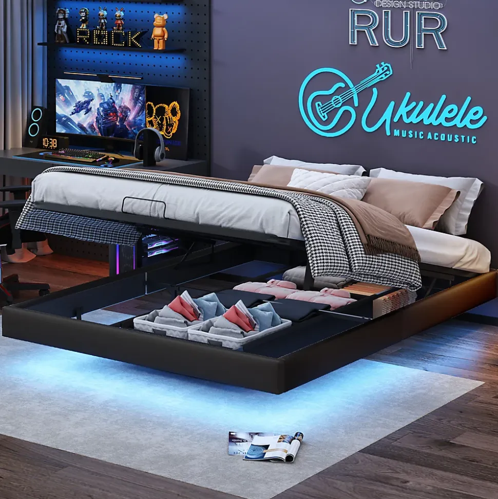 Lit double 160x200 cm beige design flottant avec LED, cadre métal, sommier à lattes bois et espace de rangement (sans tête de lit)