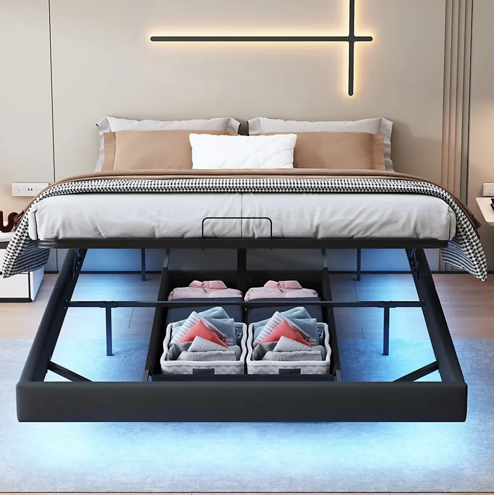 Lit double 160x200 cm beige design flottant avec LED, cadre métal, sommier à lattes bois et espace de rangement (sans tête de lit)