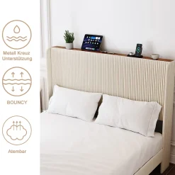 Lit double 180x200 cm capitonné adulte avec métallique stable et design à ailes - plateforme rembourrée velours côtelé beige/crème