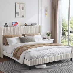 Lit double 180x200 cm capitonné adulte avec métallique stable et design à ailes - plateforme rembourrée velours côtelé beige/crème