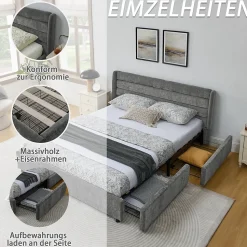 Lit Double 160x200 cm Capitonné, 4 Tiroirs, Facile à Assembler pour Chambre Parentale ou d'Invité, Gris Foncé, Sans Matelas