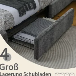 Lit Double 160x200 cm Capitonné, 4 Tiroirs, Facile à Assembler pour Chambre Parentale ou d'Invité, Gris Foncé, Sans Matelas