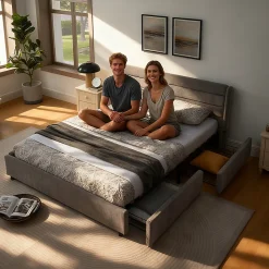 Lit Double 160x200 cm Capitonné, 4 Tiroirs, Facile à Assembler pour Chambre Parentale ou d'Invité, Gris Foncé, Sans Matelas